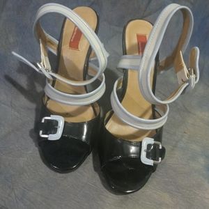 Saks 5th Ave RED black platform stilettos with light blue straps